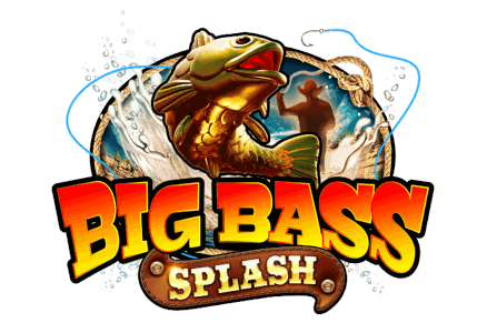 Neon synthwave-style pixel rendering of the Big Bass Splash canyon lake with a glowing bass fish scatter symbol