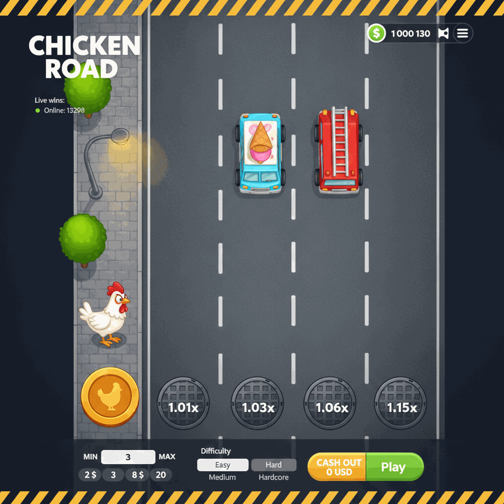 Chicken Road game interface showing a cartoon chicken character standing at the edge of a multi-lane road with manhole cover multiplier markers, ready to cross busy traffic lanes whilst the player decides when to cash out increasing winnings